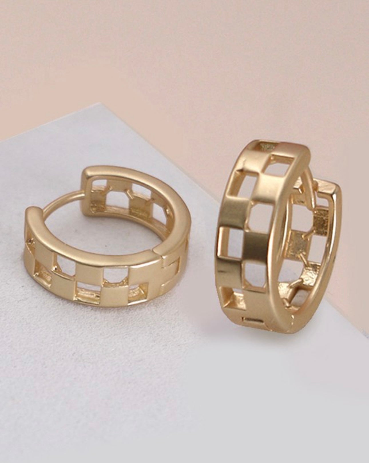 Mini Checkered Cutout Tarnish Free Hoop Huggie Earrings