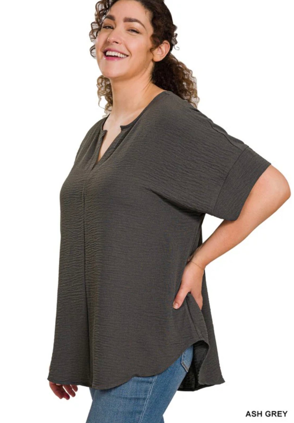 CINDY Plus Woven V-Neck Dolman Short Sleeve Top