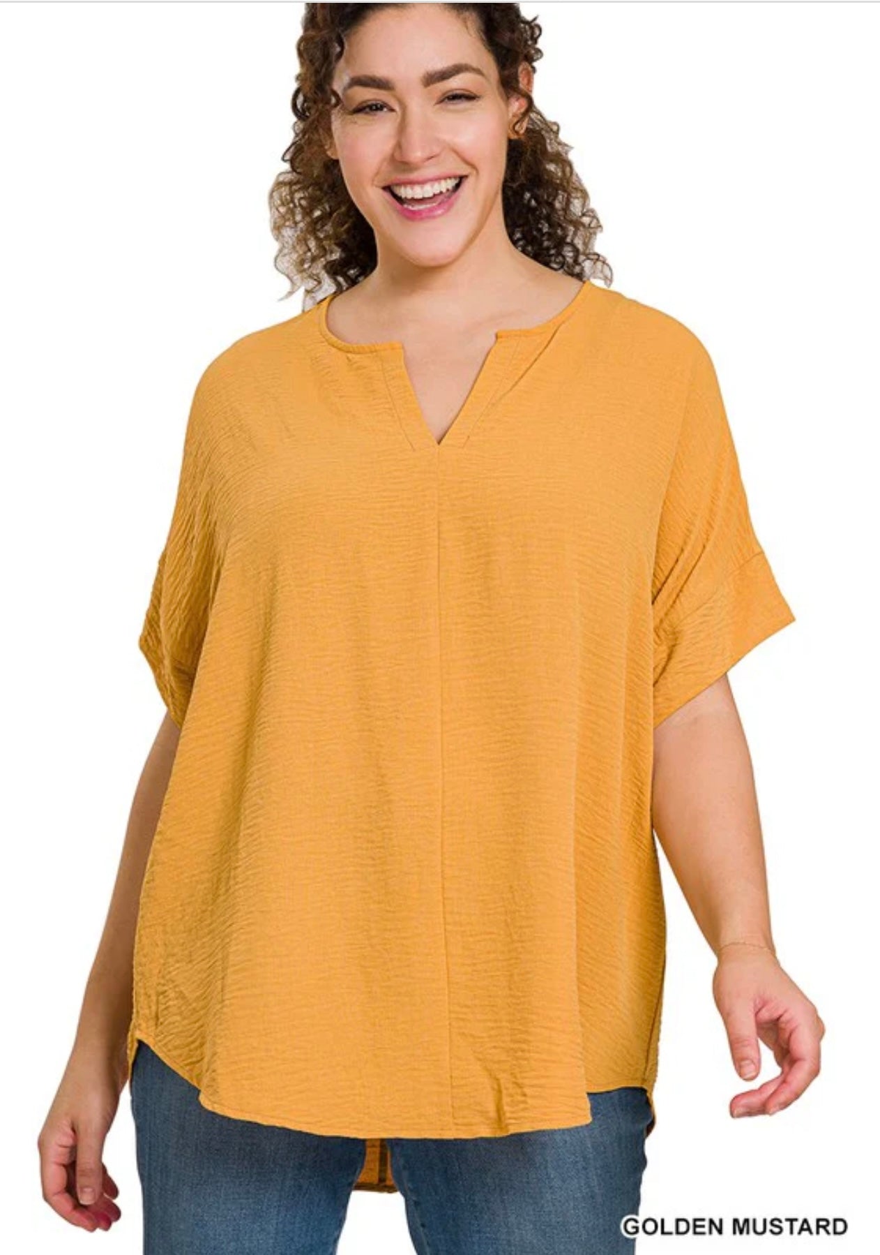 CINDY Plus Woven V-Neck Dolman Short Sleeve Top