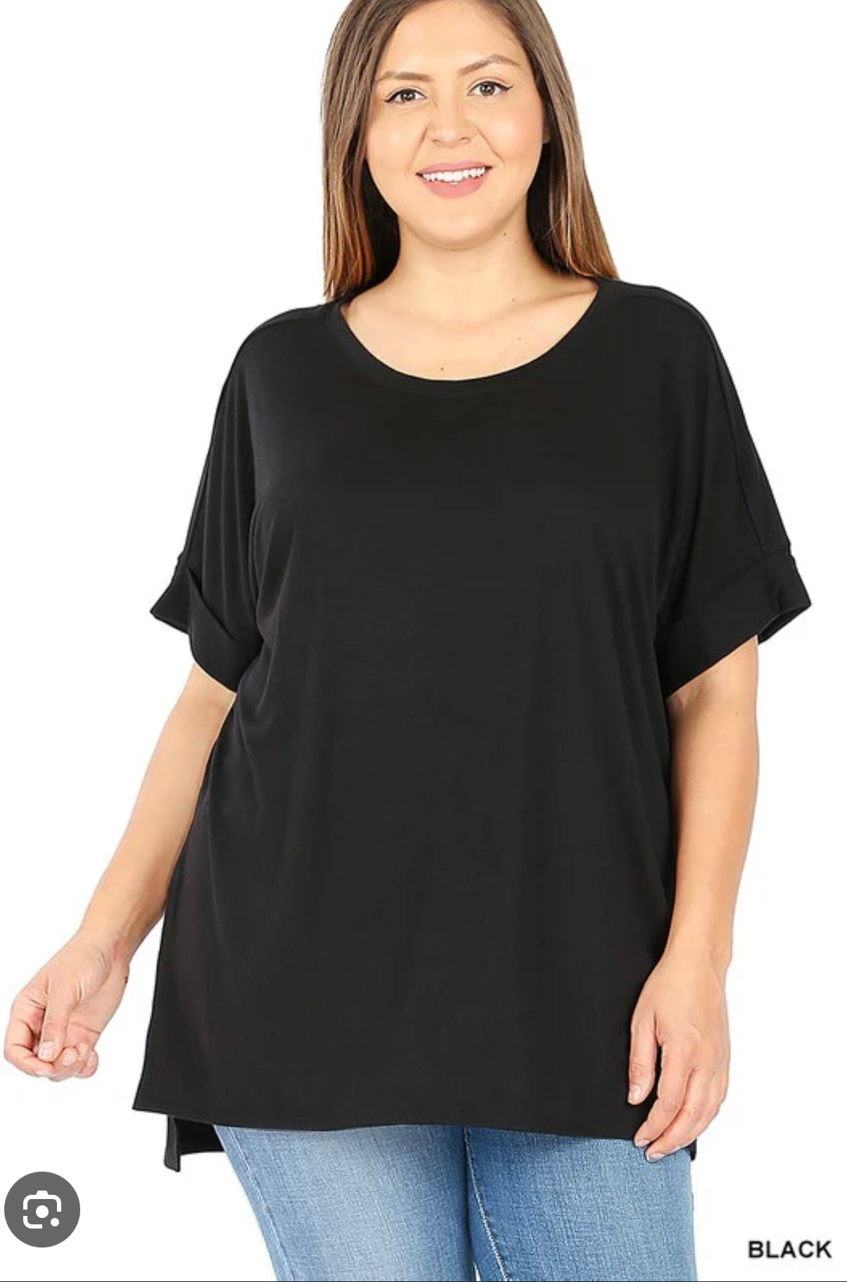 Tina Plus Rolled Sleeve Round Neck Side Slit High-Low Hem Top