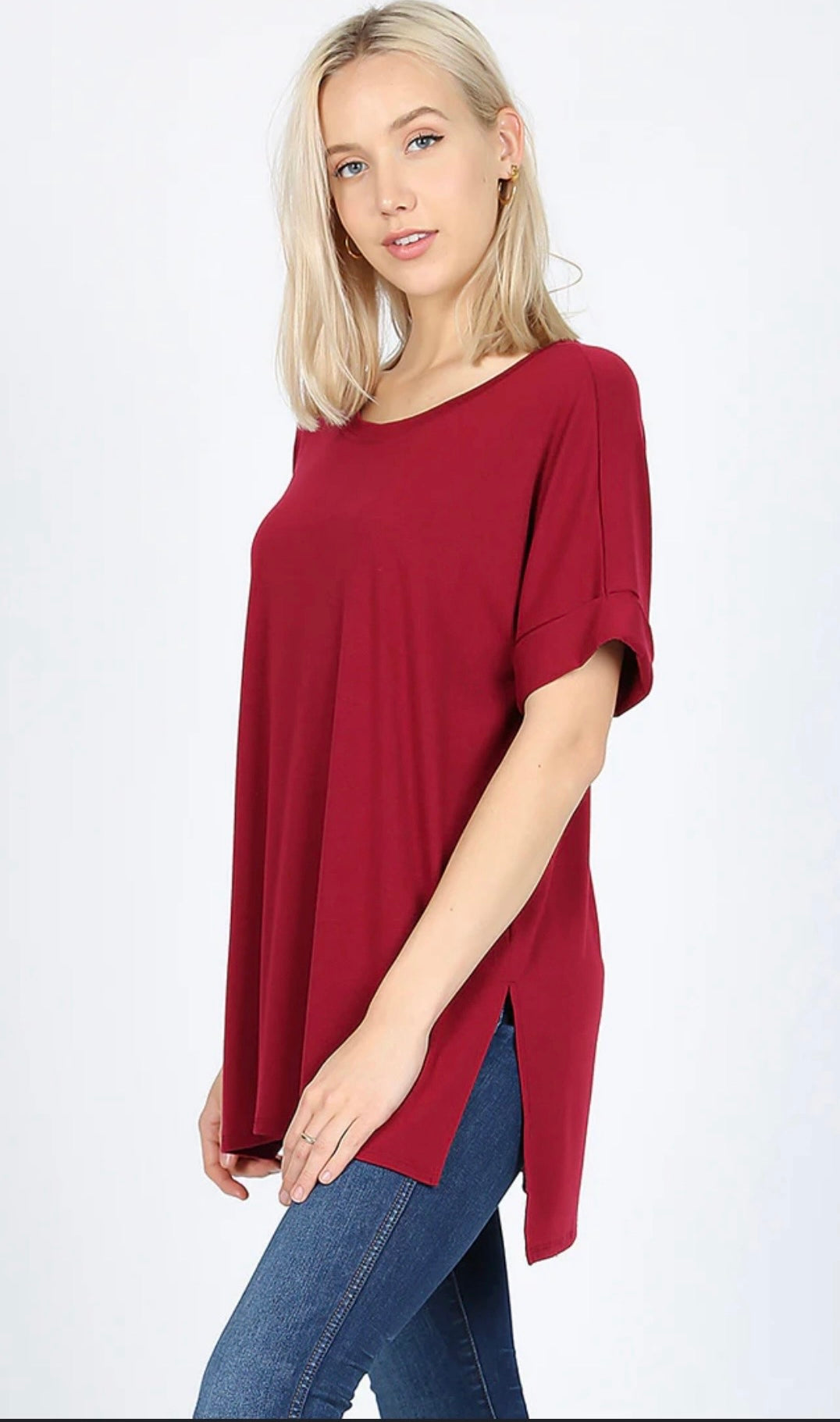 Tina Plus Rolled Sleeve Round Neck Side Slit High-Low Hem Top