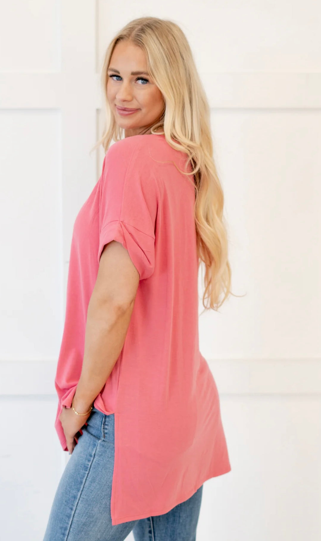 Tina Plus Rolled Sleeve Round Neck Side Slit High-Low Hem Top
