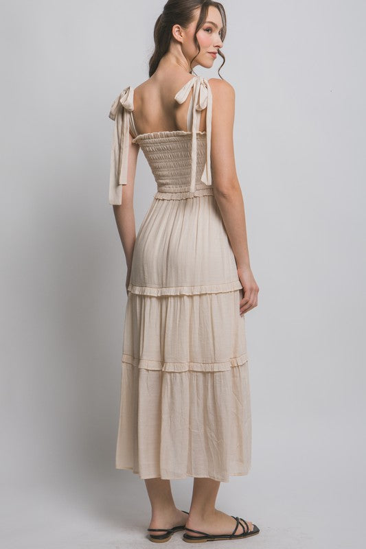Lola Natural Pleated Smock Midi Dress