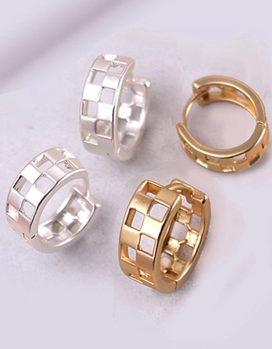 Mini Checkered Cutout Tarnish Free Hoop Huggie Earrings