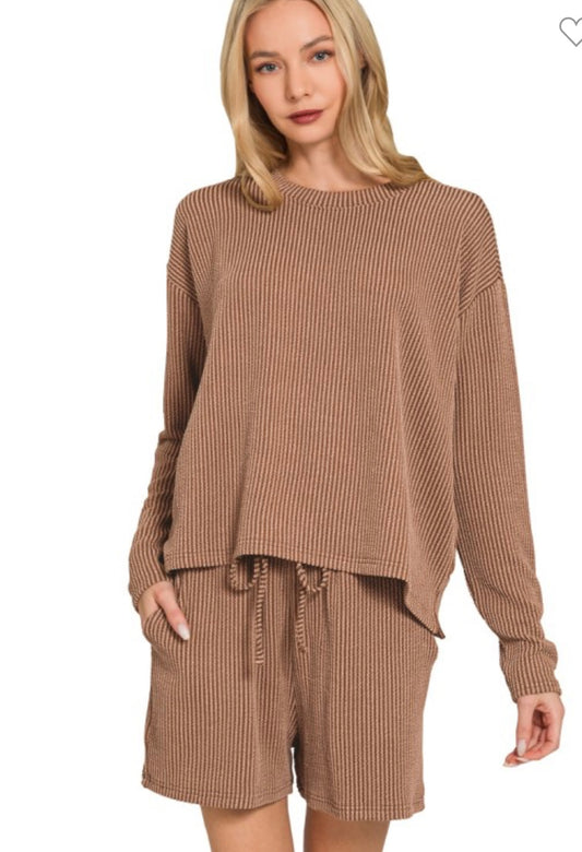Mya Ribbed Long Sleeve Tee and Shorts Set