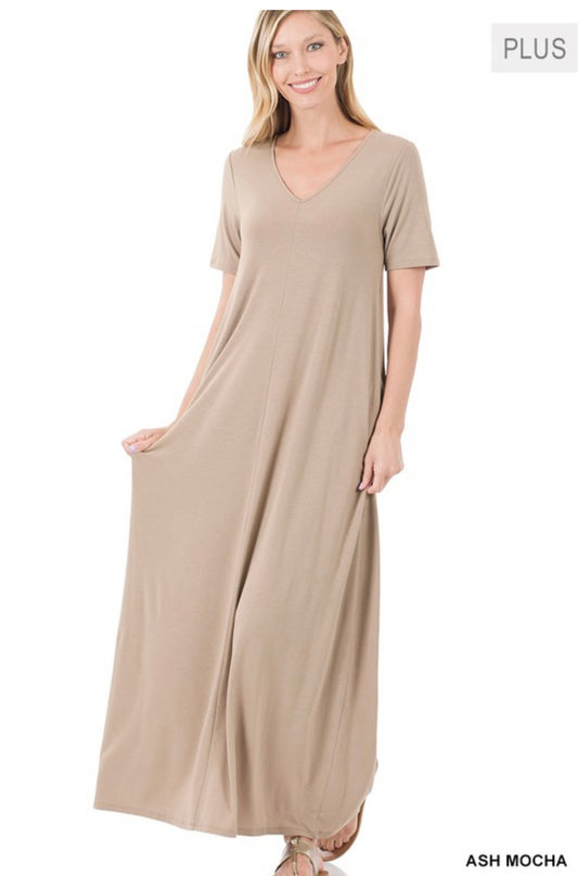 Plus V-Neck Short Sleeve Maxi Dress with Pockets