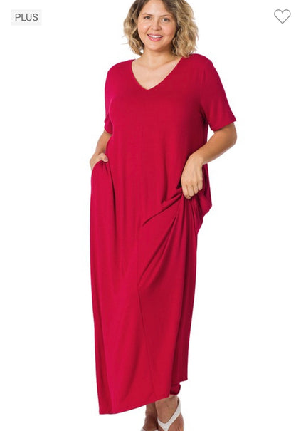 Plus V-Neck Short Sleeve Maxi Dress with Pockets