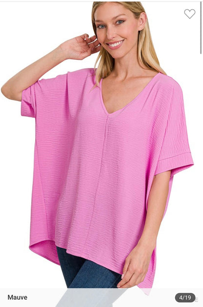 Plus Woven V-Neck Dolman Short Sleeve Top