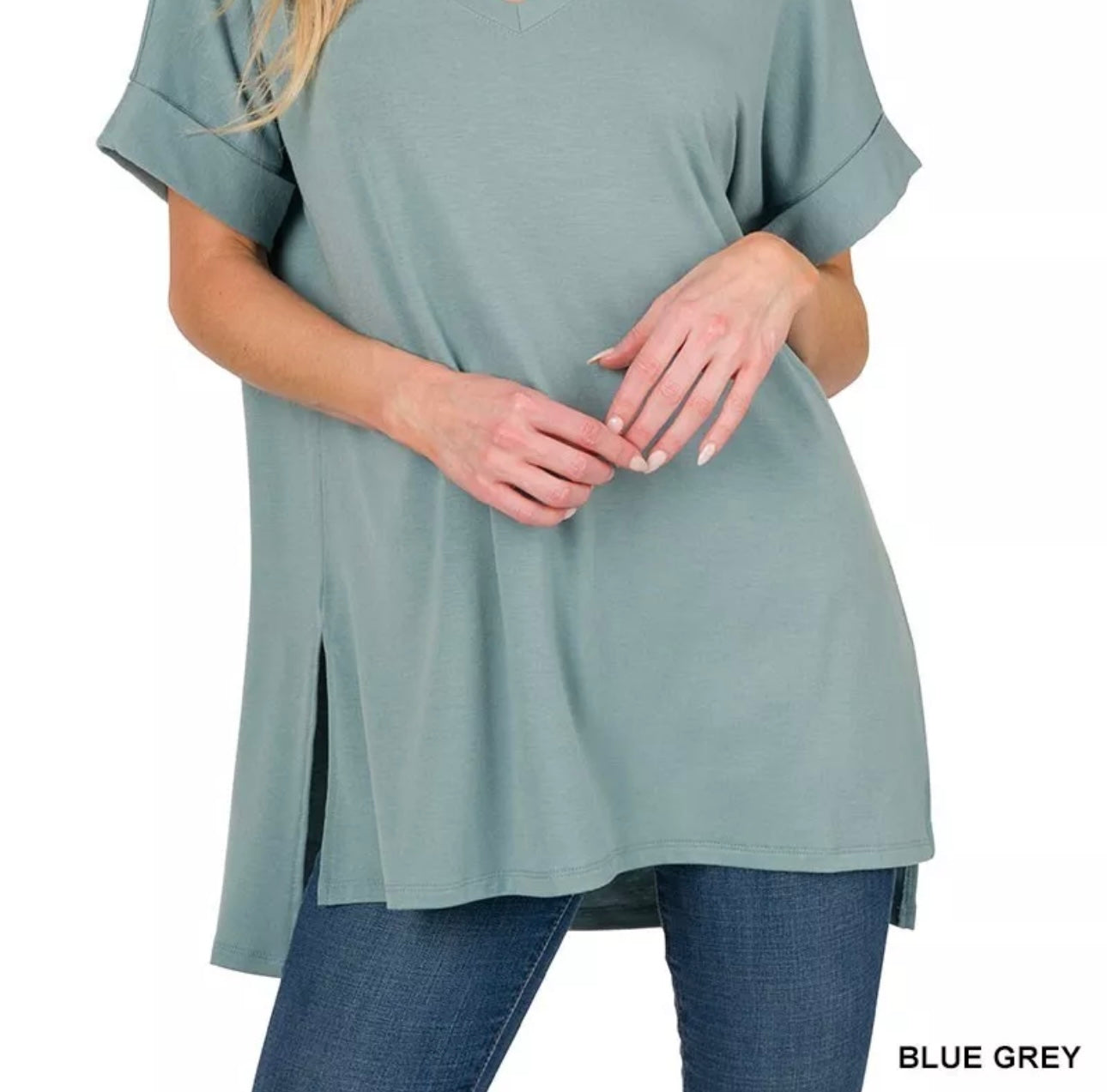 Plus Rolled Sleeve Round Neck Side Slit High-Low Hem Top