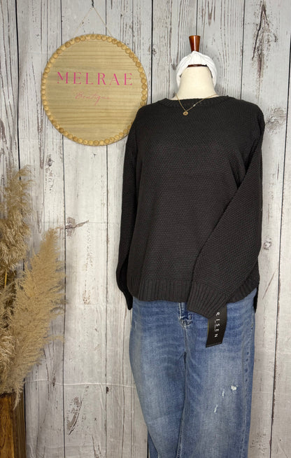 MANDI Plus Hi-Low Long Sleeve Round Neck Sweater