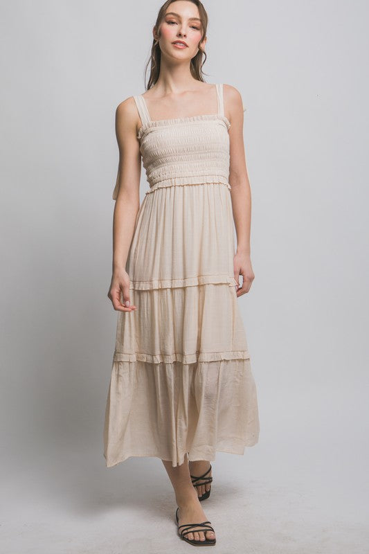 Lola Natural Pleated Smock Midi Dress